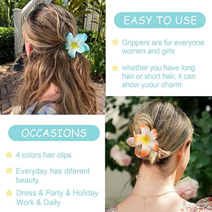 MiDoDo Hawaiian Flower Hair Clips for Women 4 Pack - Large Claw Clips for Thin and Thick Hair - Plumeria Beach Tropical Hair Accessories for Girls - Image 4